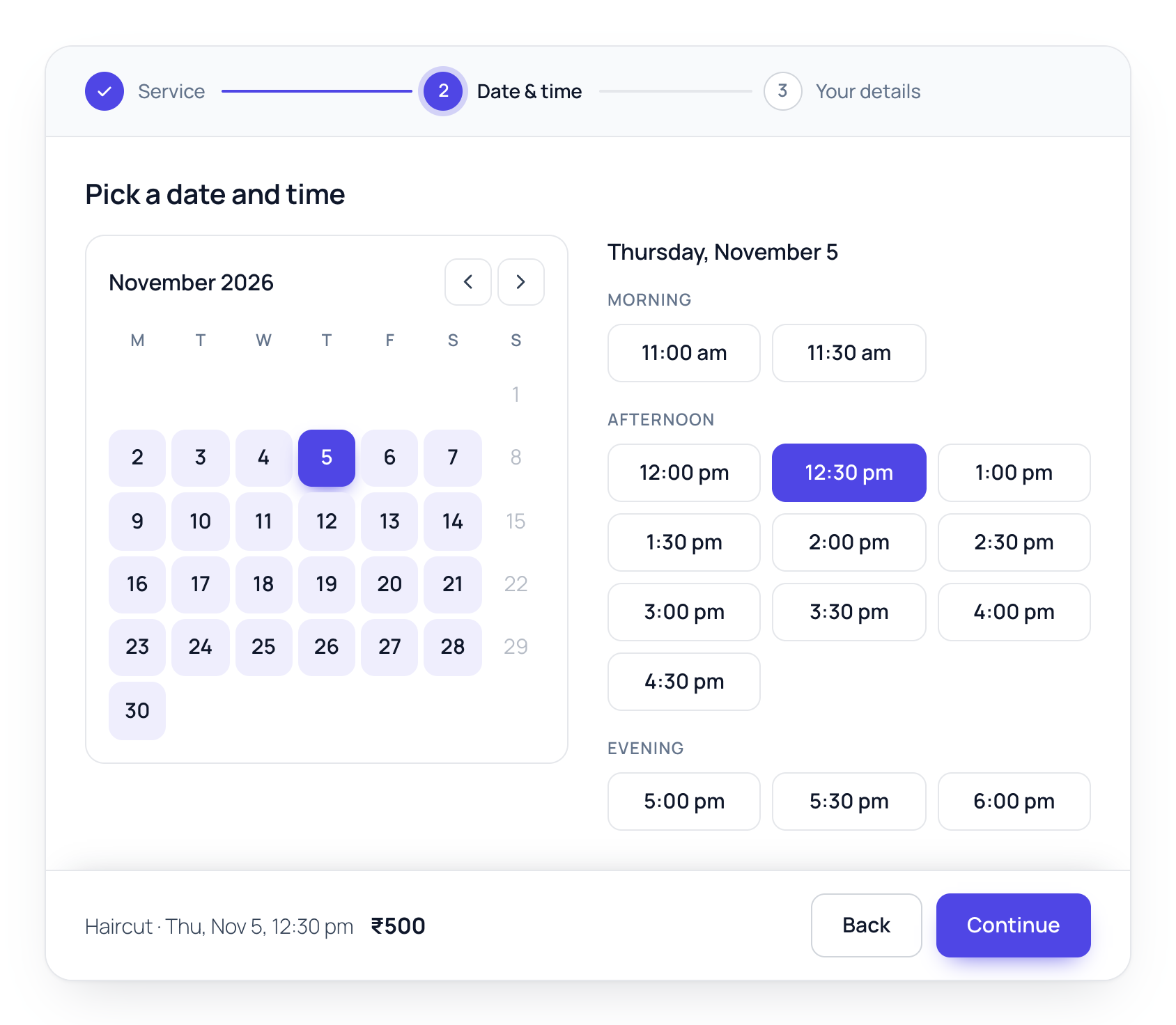 Slotsmith booking form showing a calendar and available times