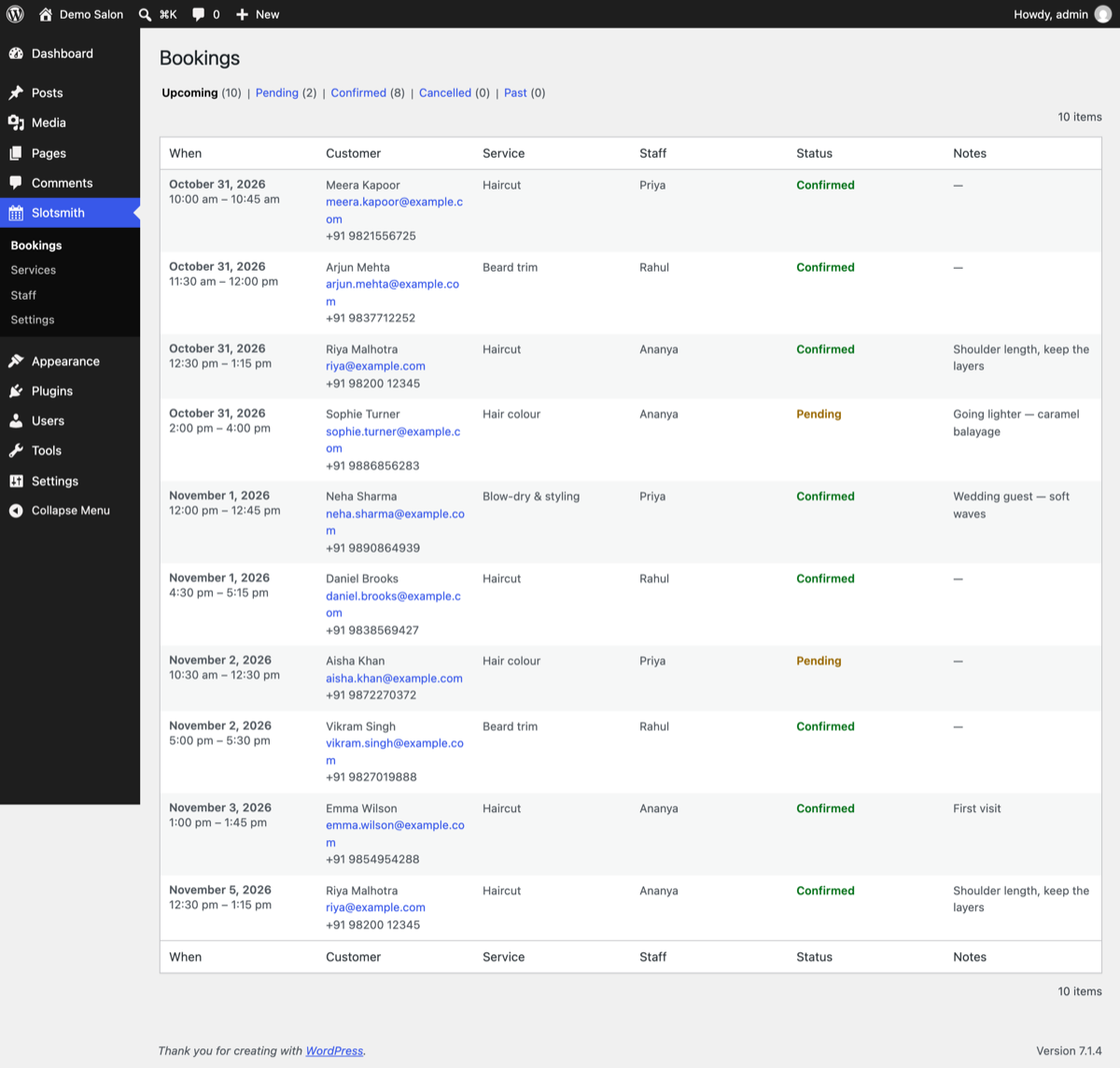 Bookings list in the WordPress dashboard